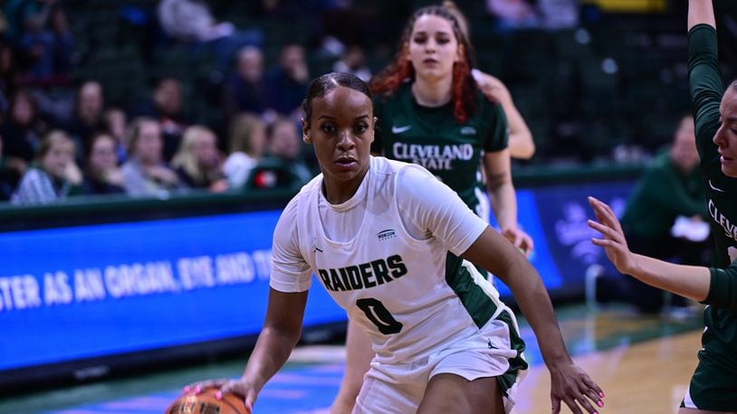 Wright State's Jada Tate drives against a Cleveland State defender at the Nutter Center on Jan. 17, 2024. Joe Craven/Wright State Athletics