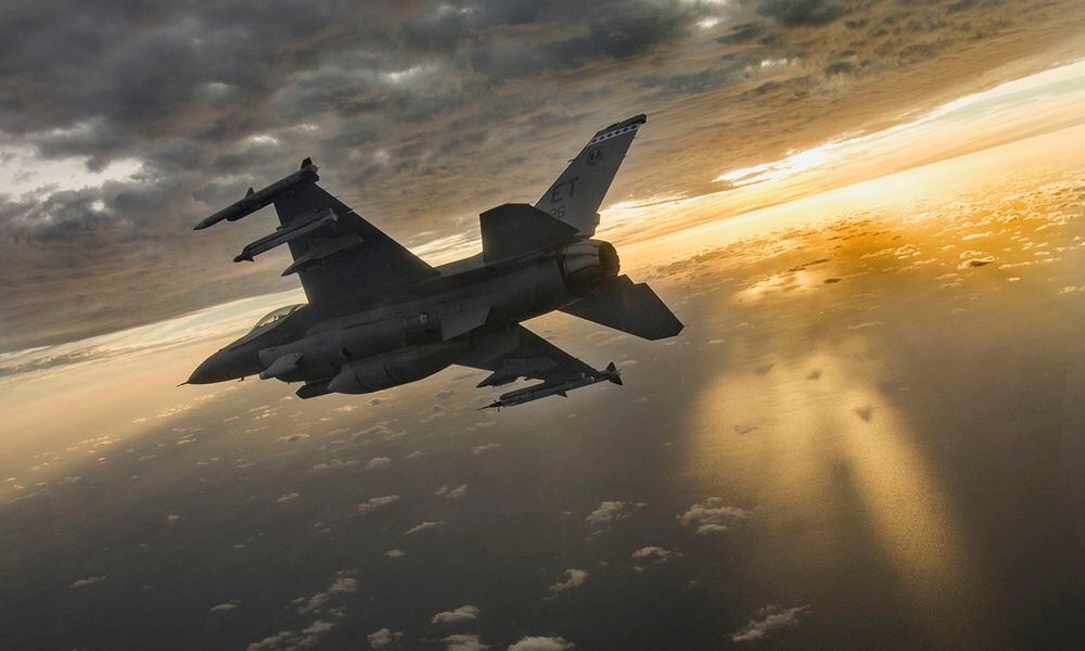 A F-16 Fighting Falcon flies during a mission at Eglin Air Force Base, Fla., Feb. 14, 2019.