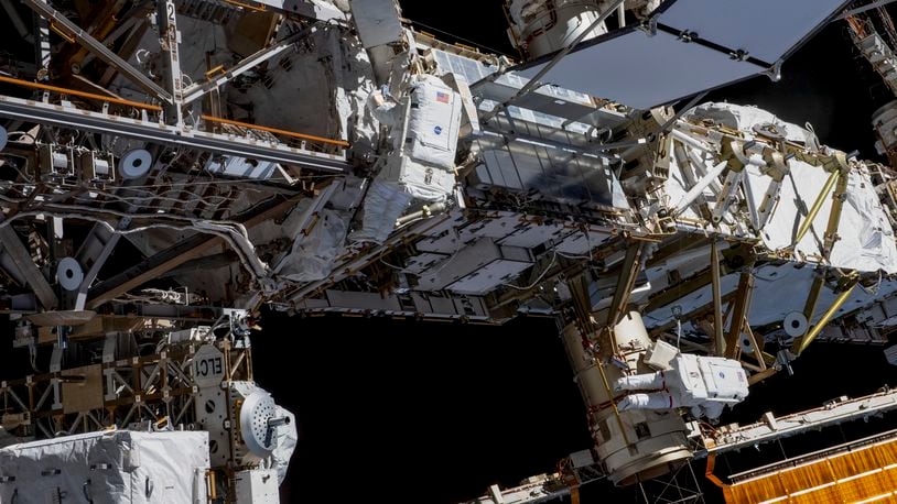 
                        A photo provided by NASA shows Expedition 70 Flight Engineers Loral O’Hara, center, and Jasmin Moghbeli, right, tethered to the International Space Station’s port truss structure during a spacewalk on Nov. 1, 2023. While working on maintenance outside the International Space Station this month, two NASA astronauts lost track of a tool bag. Now it’s floating in space. (NASA via The New York Times) — NO SALES; FOR EDITORIAL USE ONLY —
                      