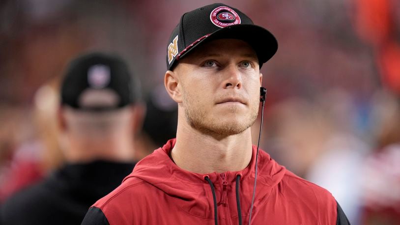 San Francisco 49ers running back Christian McCaffrey walks on the sideline during the second half of an NFL football game against the New York Jets in Santa Clara, Calif., Monday, Sept. 9, 2024. (AP Photo/Godofredo A. Vásquez)