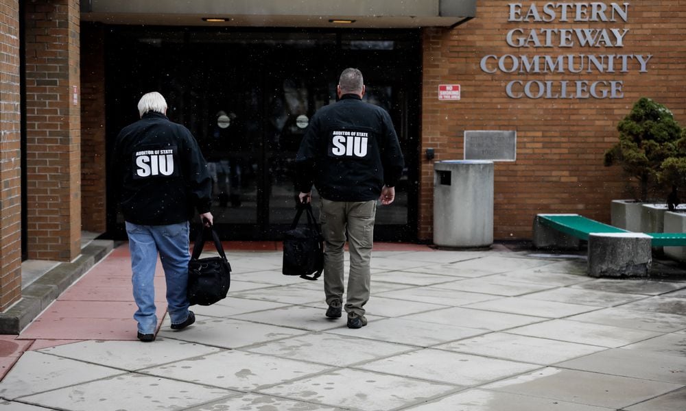 Multiple agencies, including the Auditor of States Special Investigation Unit, Jefferson County Sheriffs Office, the Ohio State Highway Patrols Computer Crimes Unit, the U.S. Secret Service, the Coumbus Division of Polices Digital Forensics Unit, and the Ohio Narcotics Intelligence Center, executed a search warrant Thursday at Eastern Gateway College in Steubenville. Courtesy of the Auditor of State.