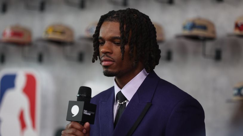 DaRon Holmes II does an interview on the red carpet before the NBA Draft on Wednesday, June 26, 2024, at the Barclays Center in Brooklyn, N.Y. David Jablonski/Staff